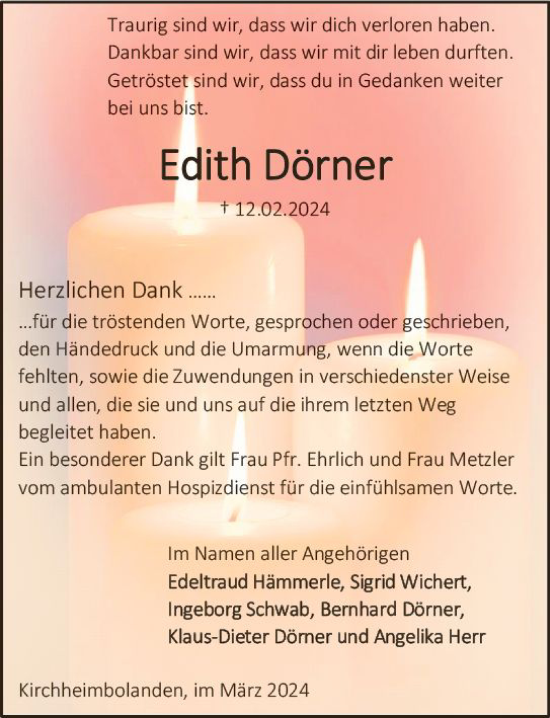 Traueranzeige von Edith Dörner von Allgemeine Zeitung Alzey