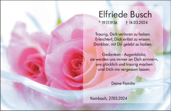 Traueranzeige von Elfriede Busch von Hinterländer Anzeiger