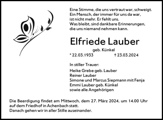 Traueranzeige von Elfriede Lauber von Hinterländer Anzeiger