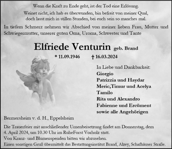 Traueranzeige von Elfriede Venturin von Allgemeine Zeitung Alzey