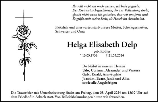 Traueranzeige von Elisabeth Delp von Darmstädter Echo