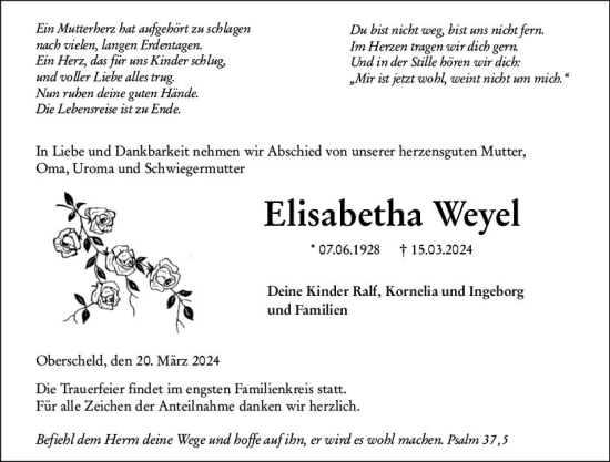 Traueranzeige von Elisabetha Weyel von Dill Block