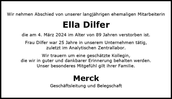 Traueranzeige von Ella Dilfer von Darmstädter Echo