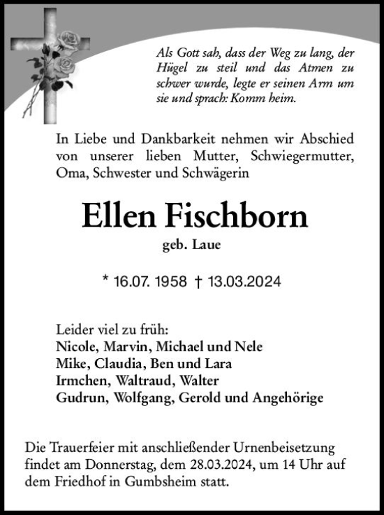 Traueranzeige von Ellen Fischborn von Allgemeine Zeitung Alzey