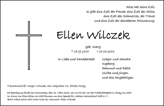 Traueranzeige von Ellen Wilczek von Allgemeine Zeitung Alzey