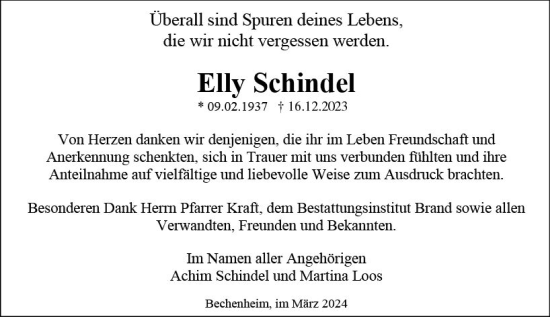 Traueranzeige von Elly Schindel von Alzeyer Wochenblatt