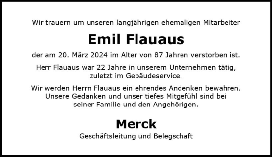 Traueranzeige von Emil Flauaus von Darmstädter Echo