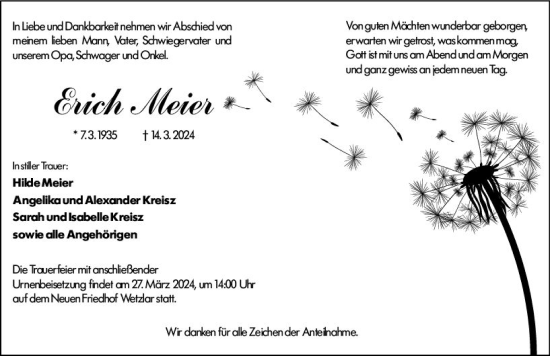 Traueranzeige von Erich Meier von Wetzlarer Neue Zeitung