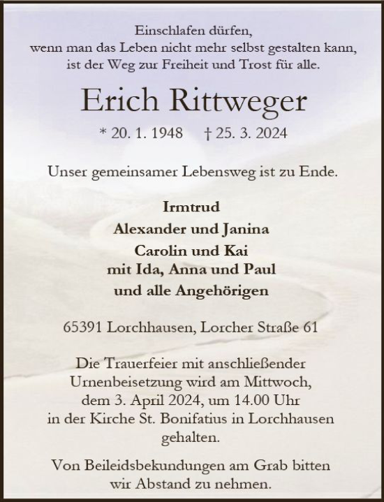 Traueranzeige von Erich Rittweger von Rheingau Kurier