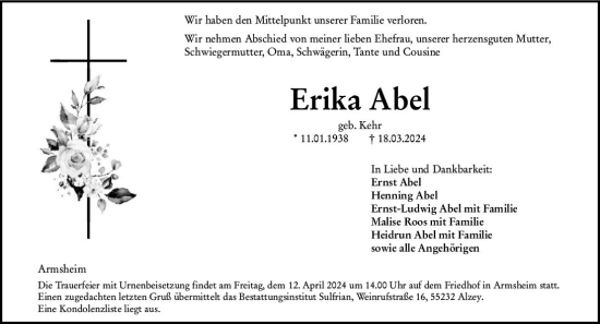 Traueranzeige von Erika Abel von Allgemeine Zeitung Alzey