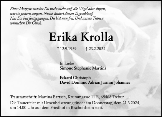 Traueranzeige von Erika Krolla von Rüsselsheimer Echo