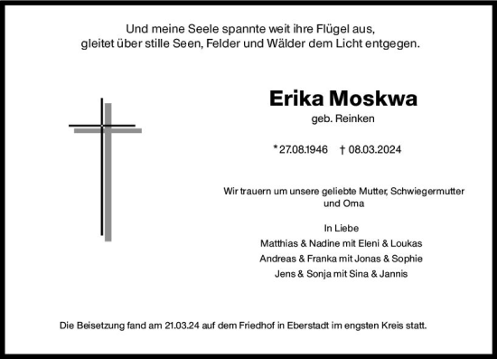 Traueranzeige von Erika Moskwa von Darmstädter Echo