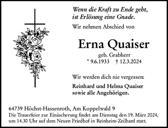 Traueranzeige von Erna Quaiser von Darmstädter Echo