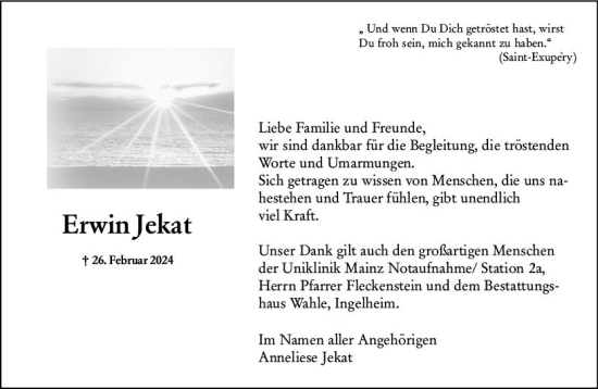 Traueranzeige von Erwin Jekat von Allgemeine Zeitung Bingen/Ingelheim