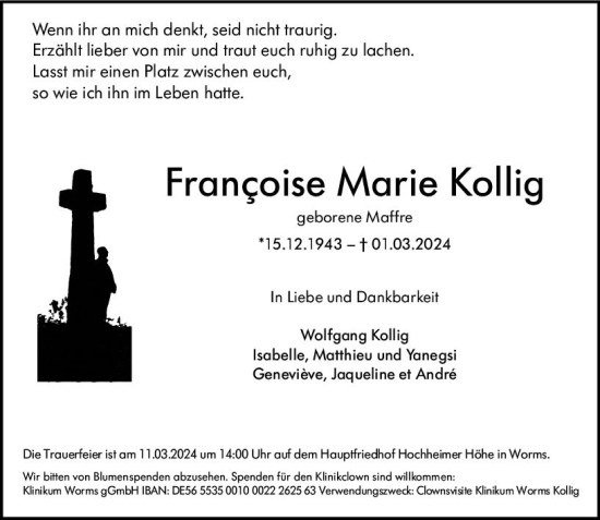 Traueranzeige von Francoise Marie Kollig von Wormser Zeitung
