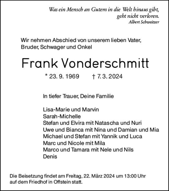 Traueranzeige von Frank Vonderschmitt von Wormser Zeitung