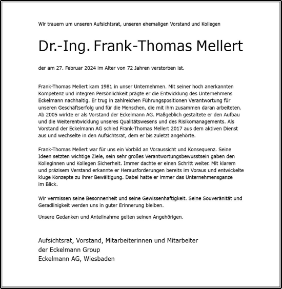Traueranzeige von Frank Thomas Meliert von Wiesbadener Kurier