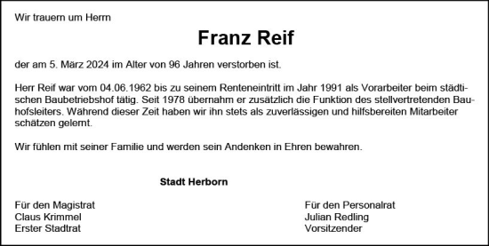 Traueranzeige von Franz Reif von Dill Block