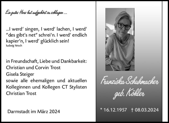Traueranzeige von Franziska Schuhmacher von Darmstädter Echo