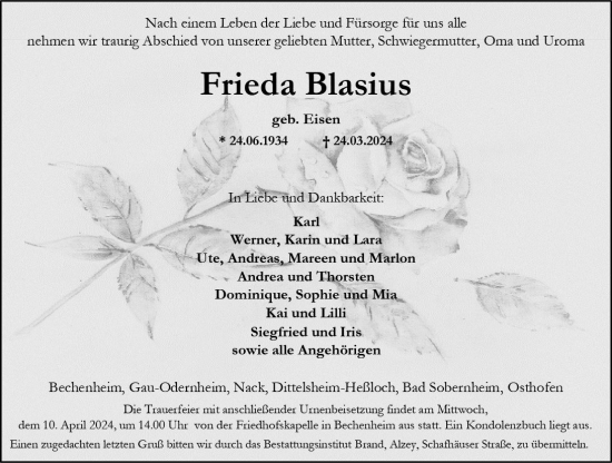 Traueranzeige von Frieda Blasius von Allgemeine Zeitung Alzey