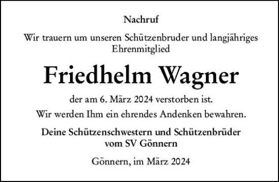 Traueranzeige von Friedhelm Wagner von Hinterländer Anzeiger