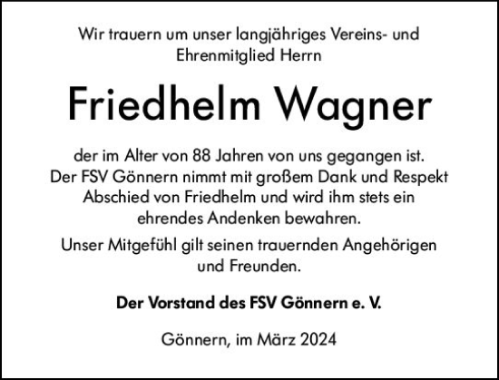 Traueranzeige von Friedhelm Wagner von Hinterländer Anzeiger