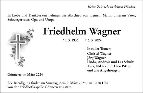Traueranzeige von Friedhelm Wagner von Hinterländer Anzeiger