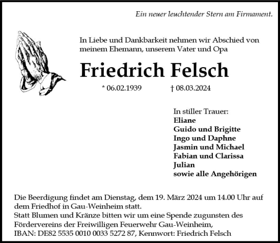 Traueranzeige von Friedrich Felsch von Allgemeine Zeitung Alzey