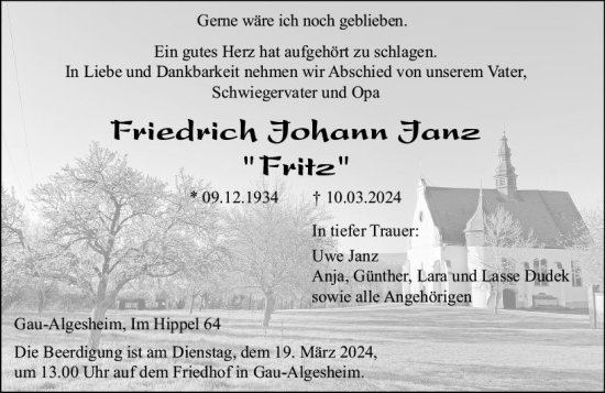 Traueranzeige von Friedrich Johann Janz von Allgemeine Zeitung Bingen/Ingelheim