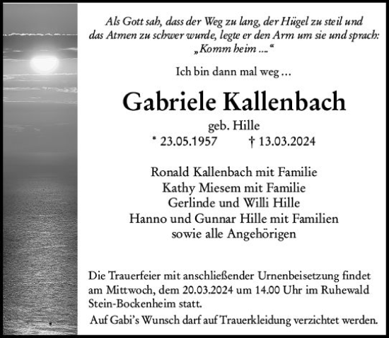 Traueranzeige von Gabriele Kallenbách von Allgemeine Zeitung Alzey