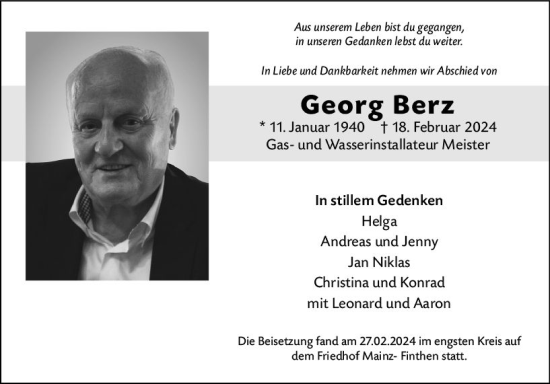 Traueranzeige von Georg Berz von Allgemeine Zeitung Mainz