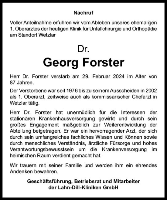 Traueranzeige von Georg Forster von Wetzlarer Neue Zeitung