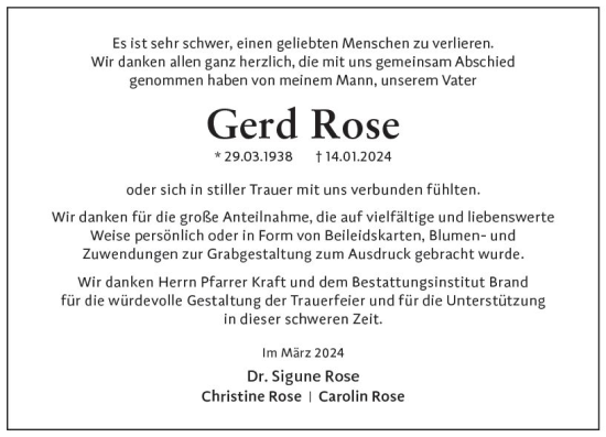 Traueranzeige von Gerd Rose von Allgemeine Zeitung Alzey