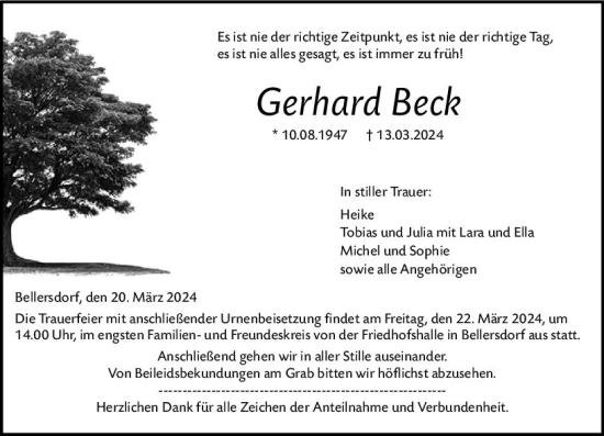 Traueranzeige von Gerhard Beck von Wetzlarer Neue Zeitung