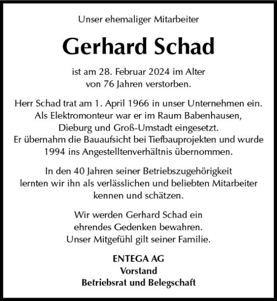 Traueranzeige von Gerhard Schad von Odenwälder Echo
