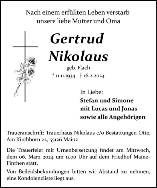 Traueranzeige von Gertrud Nikolaus von Allgemeine Zeitung Mainz