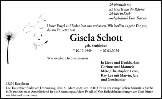 Traueranzeige von Gisela Schott von Allgemeine Zeitung Mainz