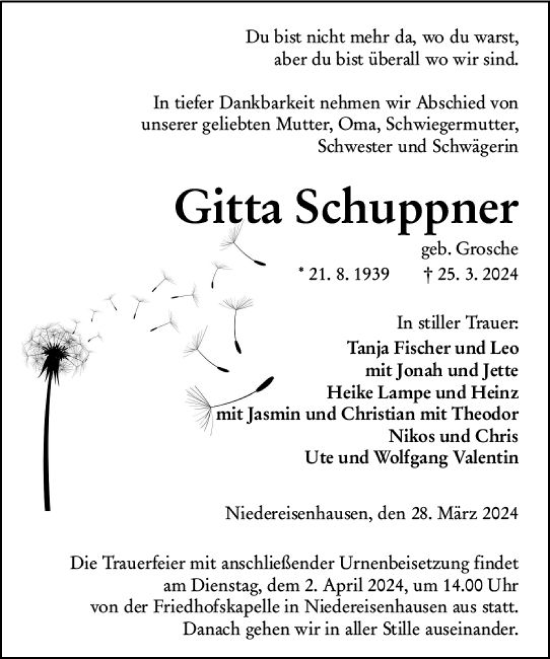 Traueranzeige von Gitta Schuppner von Hinterländer Anzeiger