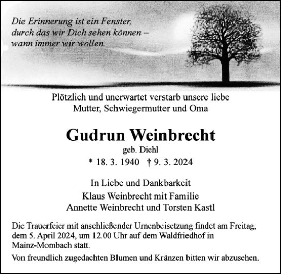 Traueranzeige von Gudrun Weinbrecht von Allgemeine Zeitung Mainz
