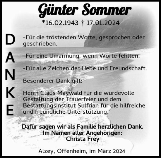Traueranzeige von Günter Sommer von Allgemeine Zeitung Alzey