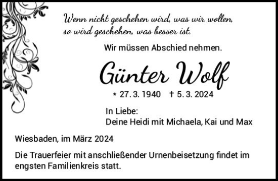 Traueranzeige von Günter Wolf von Wiesbadener Kurier