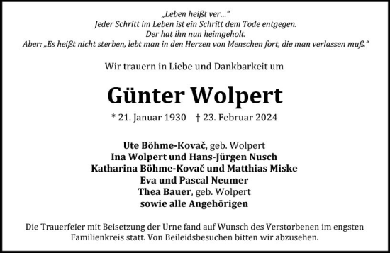 Traueranzeige von Günter Wolpert von Wiesbadener Kurier