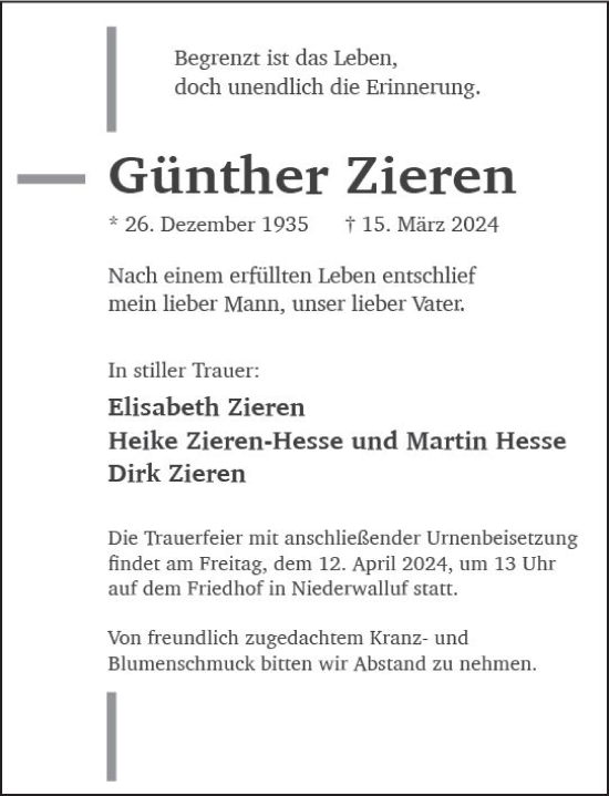 Traueranzeige von Günther Zieren von Wiesbadener Kurier