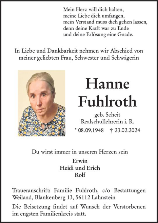 Traueranzeige von Hanne Fuhlroth von Wiesbadener Kurier