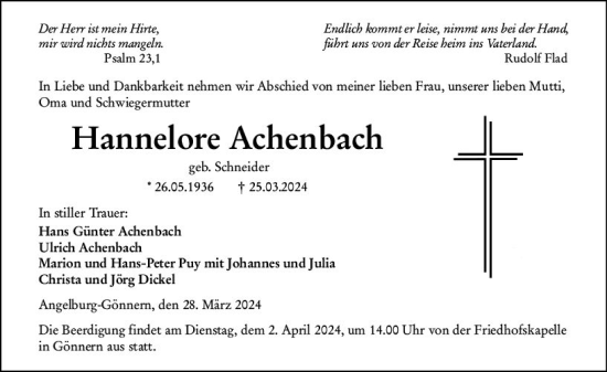 Traueranzeige von Hannelore Achenbach von Hinterländer Anzeiger