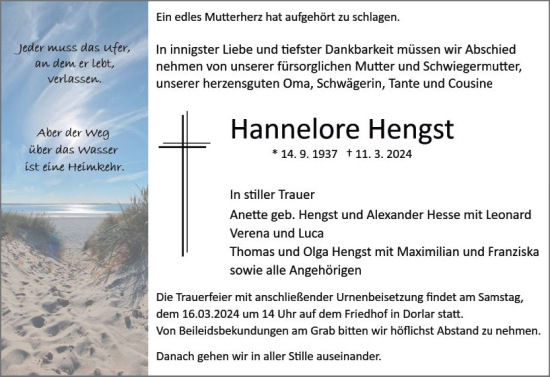 Traueranzeige von Hannelore Hengst von Wetzlarer Neue Zeitung