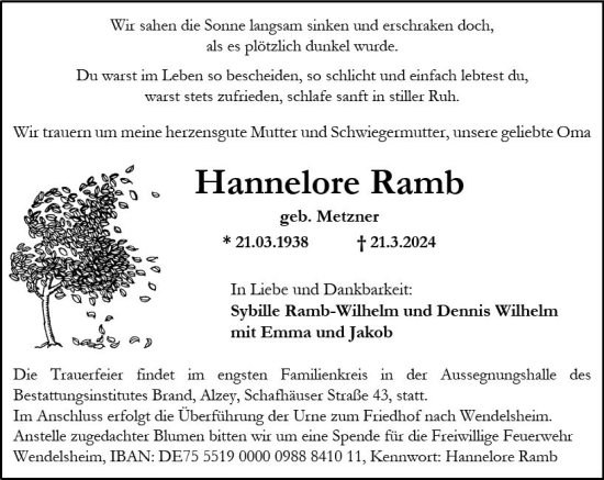 Traueranzeige von Hannelore Ramb von Allgemeine Zeitung Alzey