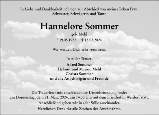 Traueranzeige von Hannelore Sommer von Wetzlarer Neue Zeitung