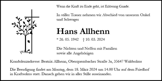 Traueranzeige von Hans Allhenn von Wetzlarer Neue Zeitung