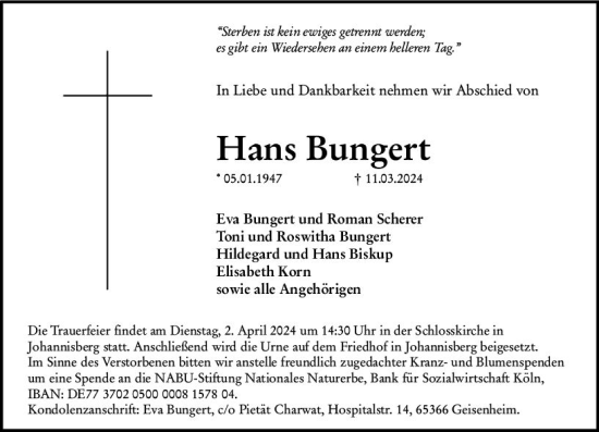 Traueranzeige von Hans Bungert von Rheingau Kurier